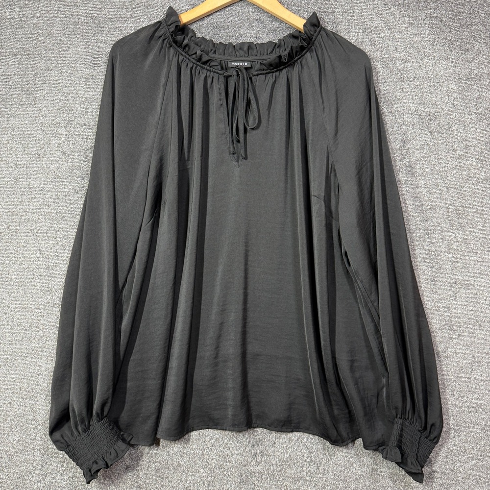Torrid Blouse Size 1 Plus Black Satin Ruffle Neck Smocked Cuff Long Sleeve